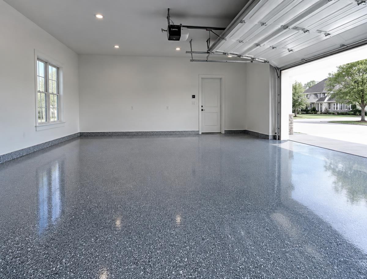 Garage with a glossy decorative flake epoxy floor